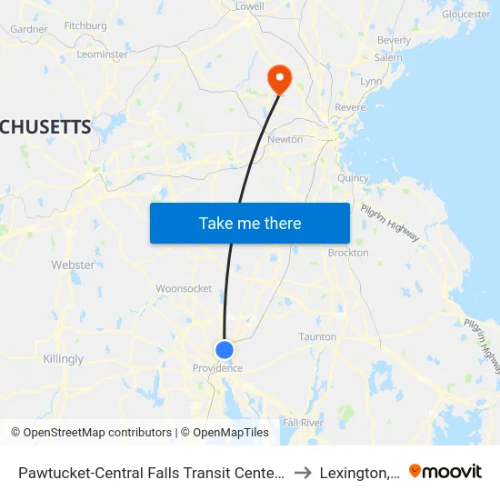 Pawtucket-Central Falls Transit Center (Stop B) to Lexington, MA map