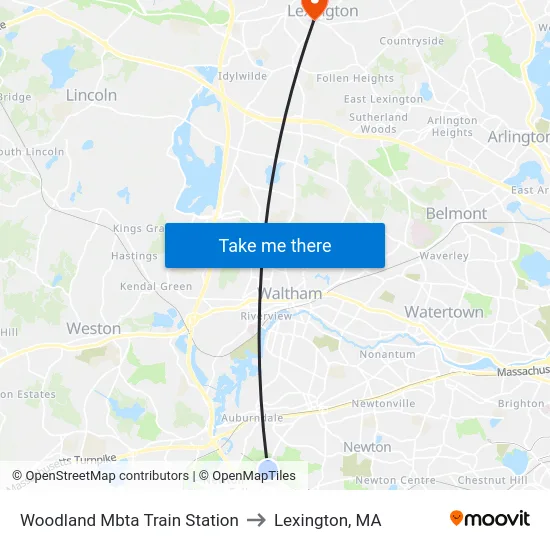 Woodland Mbta Train Station to Lexington, MA map