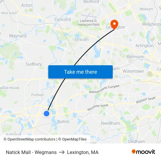 Natick Mall - Wegmans to Lexington, MA map