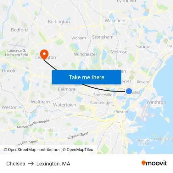 Chelsea to Lexington, MA map