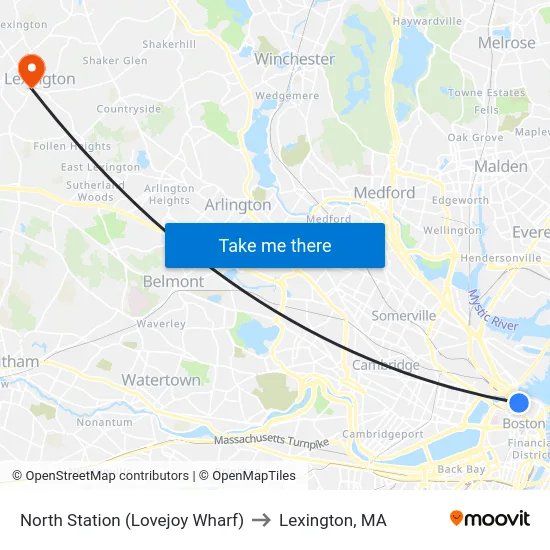 North Station (Lovejoy Wharf) to Lexington, MA map