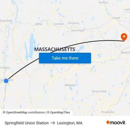 Springfield Union Station to Lexington, MA map