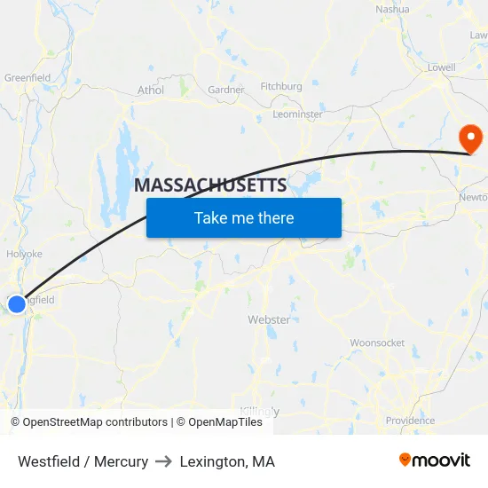 Westfield / Mercury to Lexington, MA map