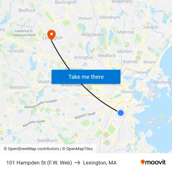 101 Hampden St (F.W. Web) to Lexington, MA map