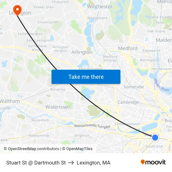 Stuart St @ Dartmouth St to Lexington, MA map
