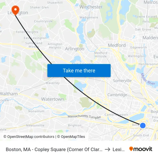 Boston, MA - Copley Square (Corner Of Clarendon St. & St. James Ave. In Front Of Trinity Church) to Lexington, MA map