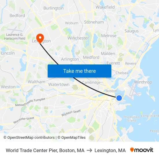 World Trade Center Pier, Boston, MA to Lexington, MA map