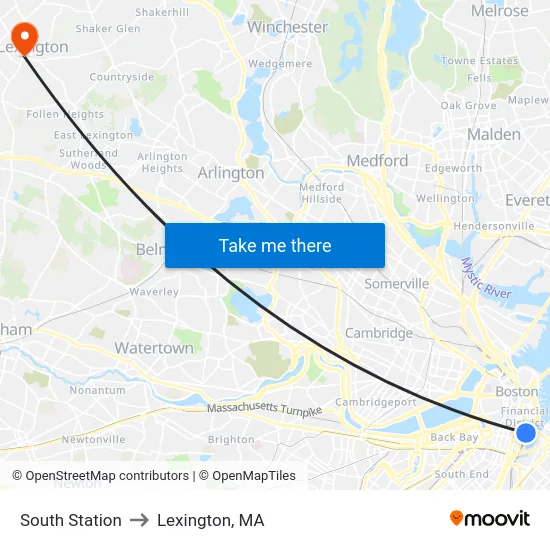 South Station to Lexington, MA map