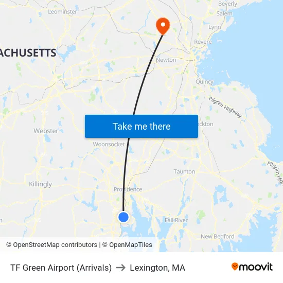 TF Green Airport (Arrivals) to Lexington, MA map