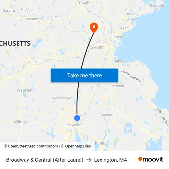 Broadway & Central (After Laurel) to Lexington, MA map