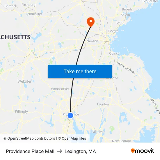 Providence Place Mall to Lexington, MA map