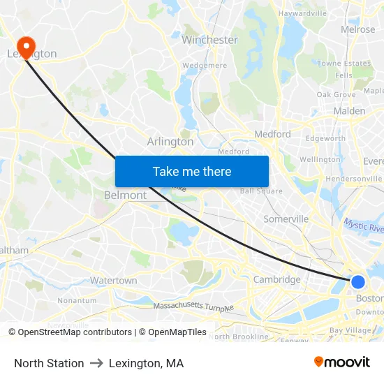 North Station to Lexington, MA map