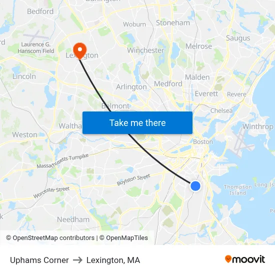 Uphams Corner to Lexington, MA map