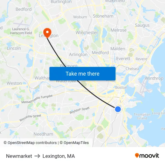 Newmarket to Lexington, MA map