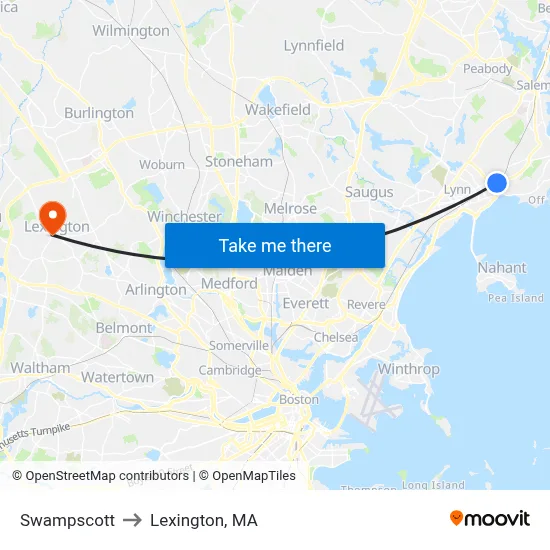 Swampscott to Lexington, MA map