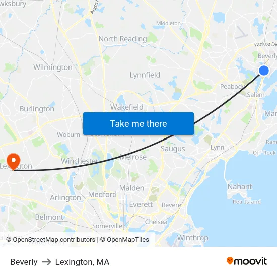 Beverly to Lexington, MA map