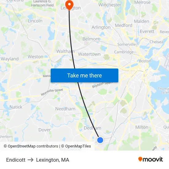 Endicott to Lexington, MA map