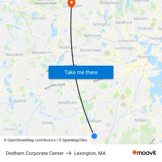 Dedham Corporate Center to Lexington, MA map