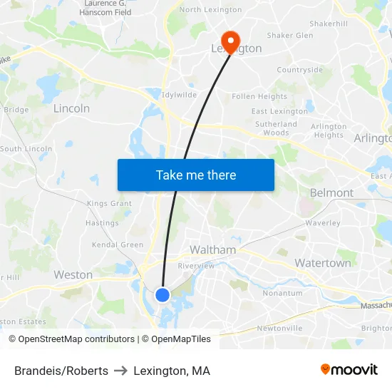 Brandeis/Roberts to Lexington, MA map