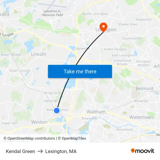 Kendal Green to Lexington, MA map