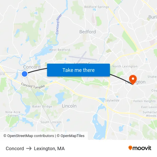 Concord to Lexington, MA map