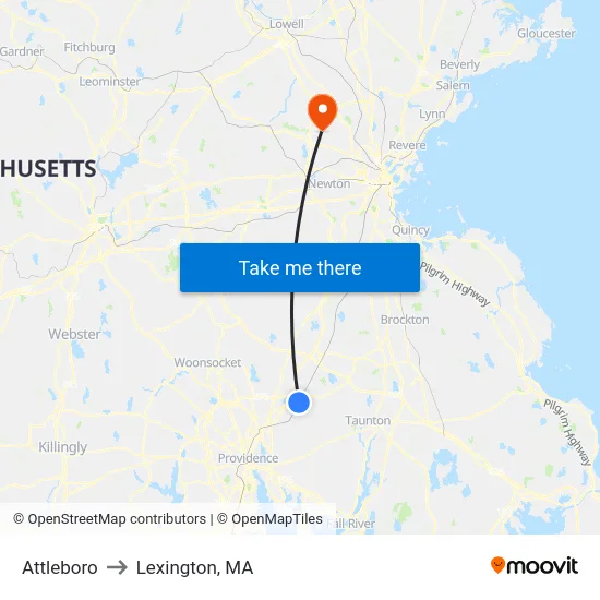 Attleboro to Lexington, MA map