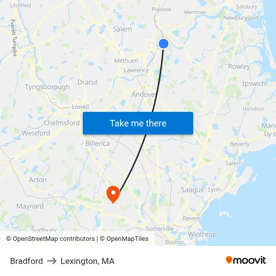 Bradford to Lexington, MA map