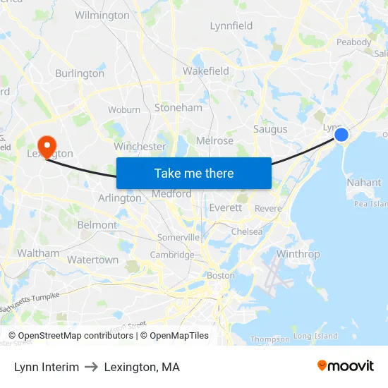 Lynn Interim to Lexington, MA map