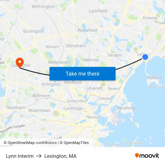 Lynn Interim to Lexington, MA map