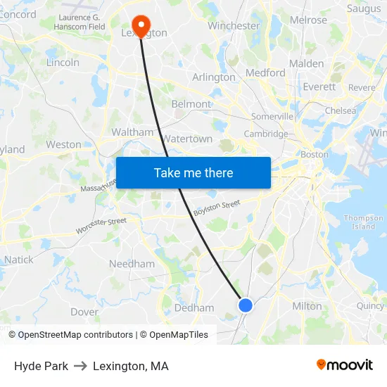 Hyde Park to Lexington, MA map