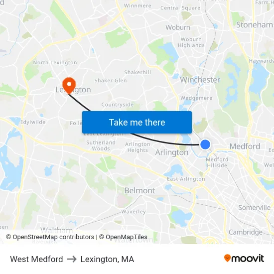 West Medford to Lexington, MA map