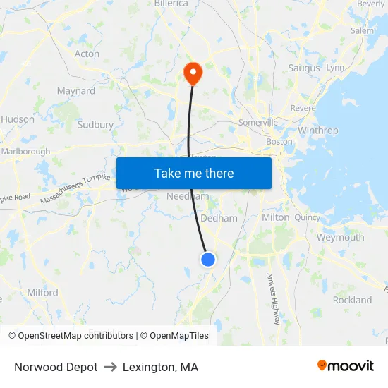 Norwood Depot to Lexington, MA map