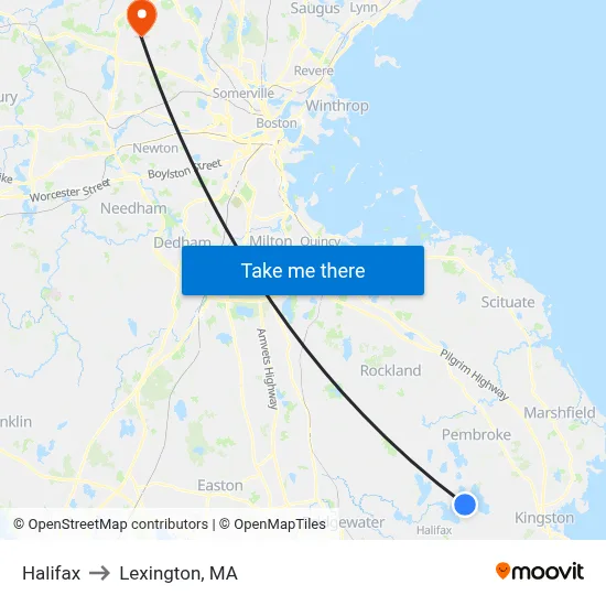 Halifax to Lexington, MA map