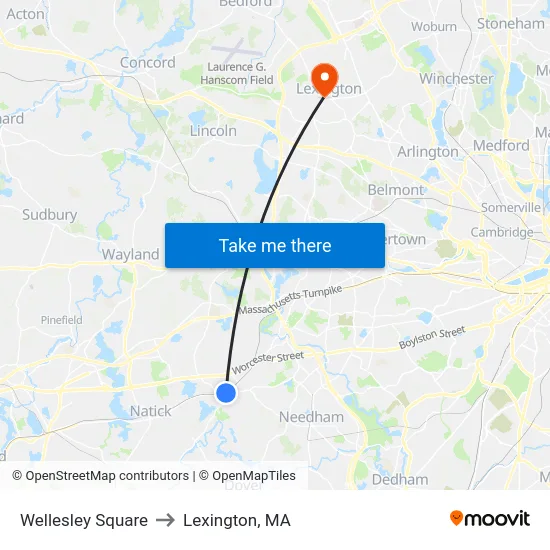 Wellesley Square to Lexington, MA map