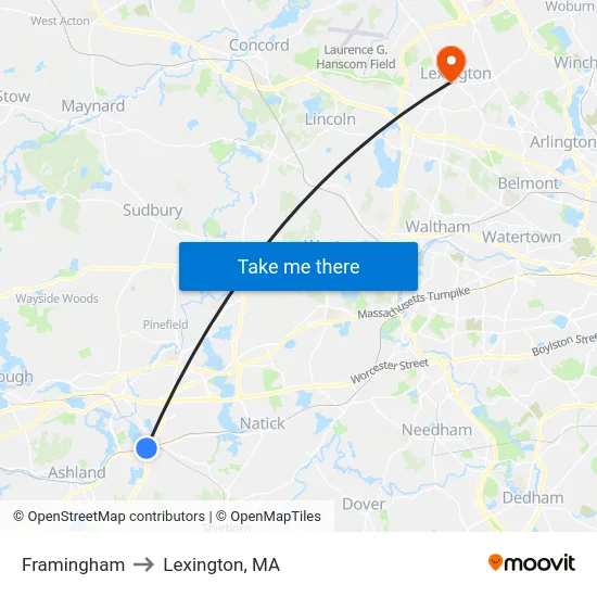Framingham to Lexington, MA map