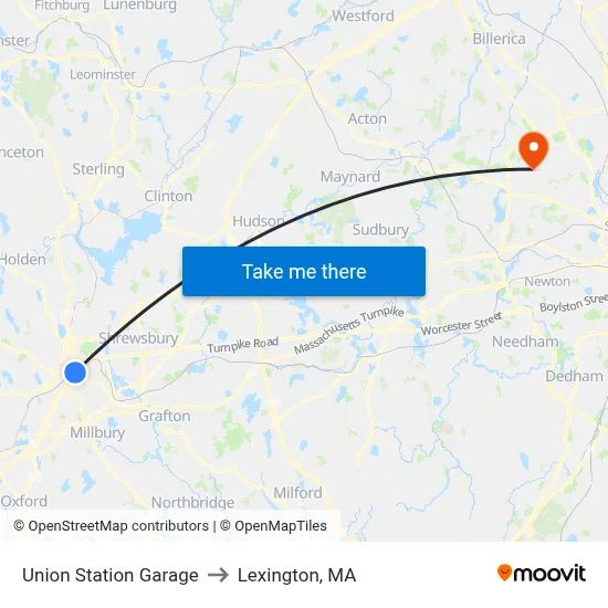 Union Station Garage to Lexington, MA map
