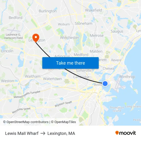 Lewis Mall Wharf to Lexington, MA map