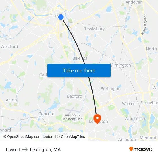 Lowell to Lexington, MA map