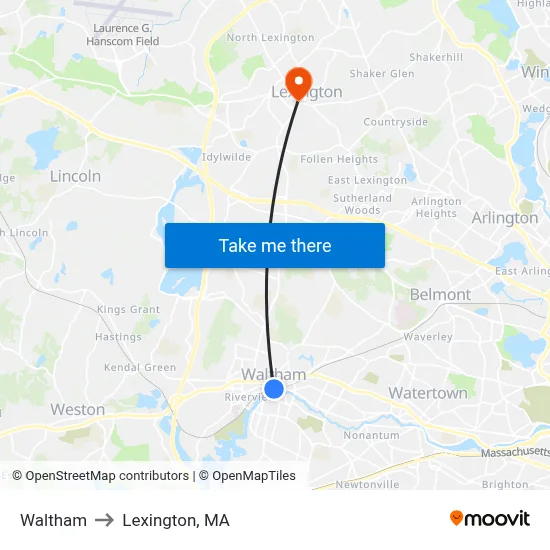 Waltham to Lexington, MA map