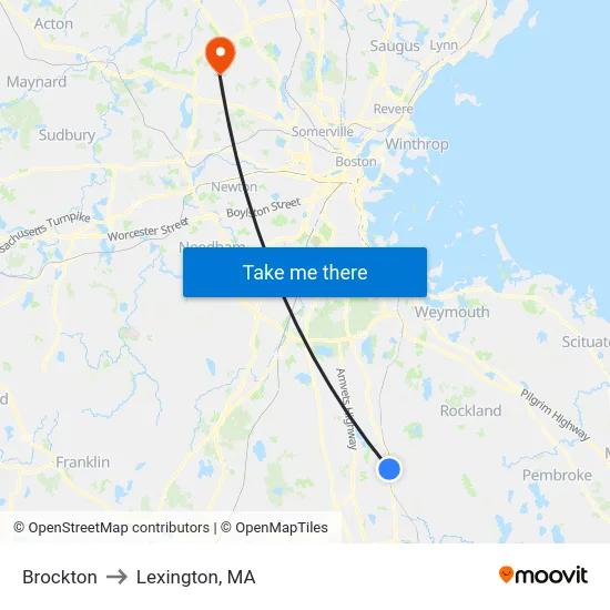 Brockton to Lexington, MA map