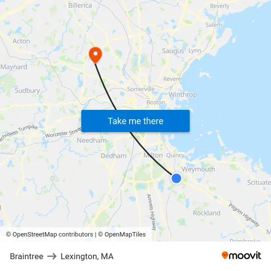 Braintree to Lexington, MA map