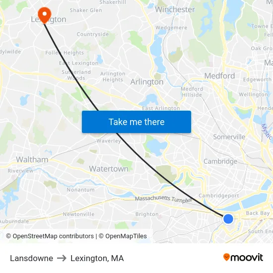 Lansdowne to Lexington, MA map