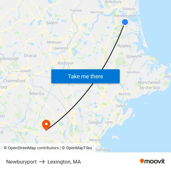 Newburyport to Lexington, MA map