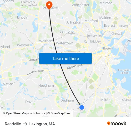 Readville to Lexington, MA map