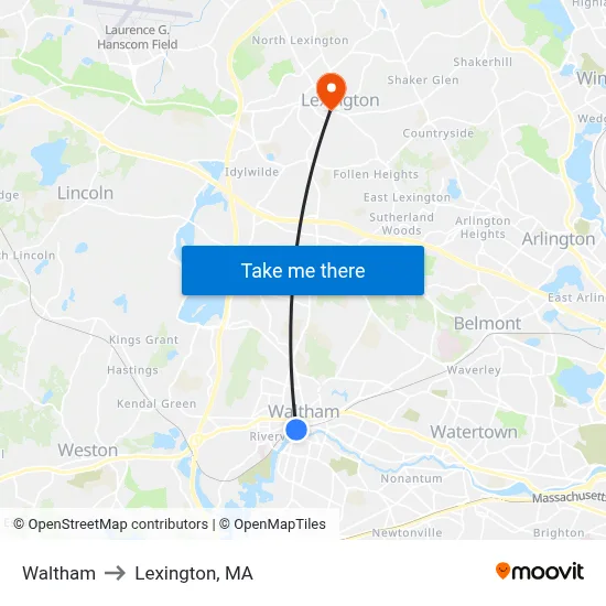 Waltham to Lexington, MA map