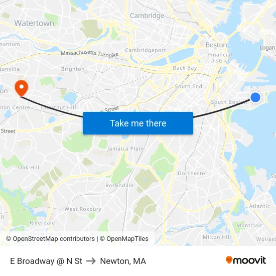 E Broadway @ N St to Newton, MA map