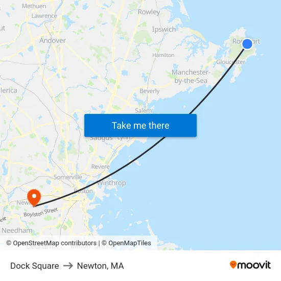 Dock Square to Newton, MA map