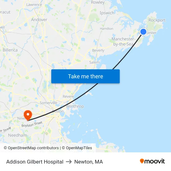 Addison Gilbert Hospital to Newton, MA map