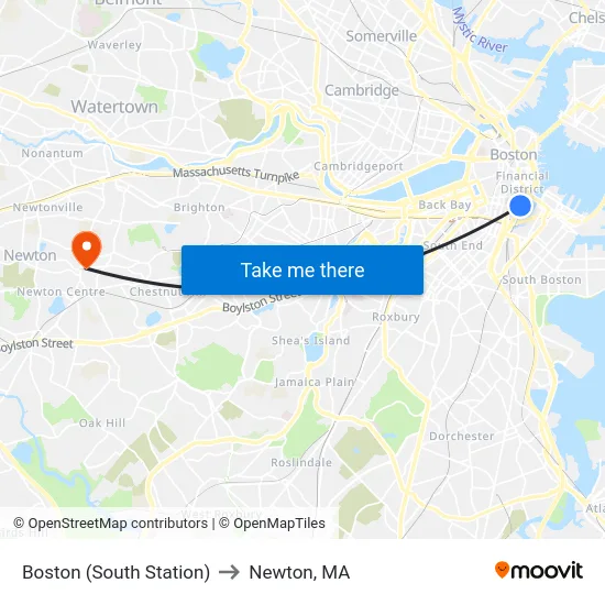 Boston (South Station) to Newton, MA map