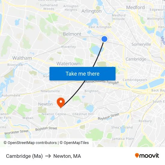 Cambridge (Ma) to Newton, MA map